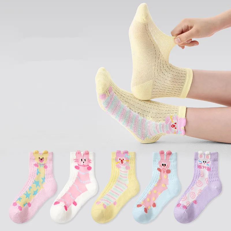 5Pairs 1-12Years Ultra Thin Breathable Mesh Socks Cartoon Children's Fashion Cute Socks Stokings For Girl Boutique Kids Clothing