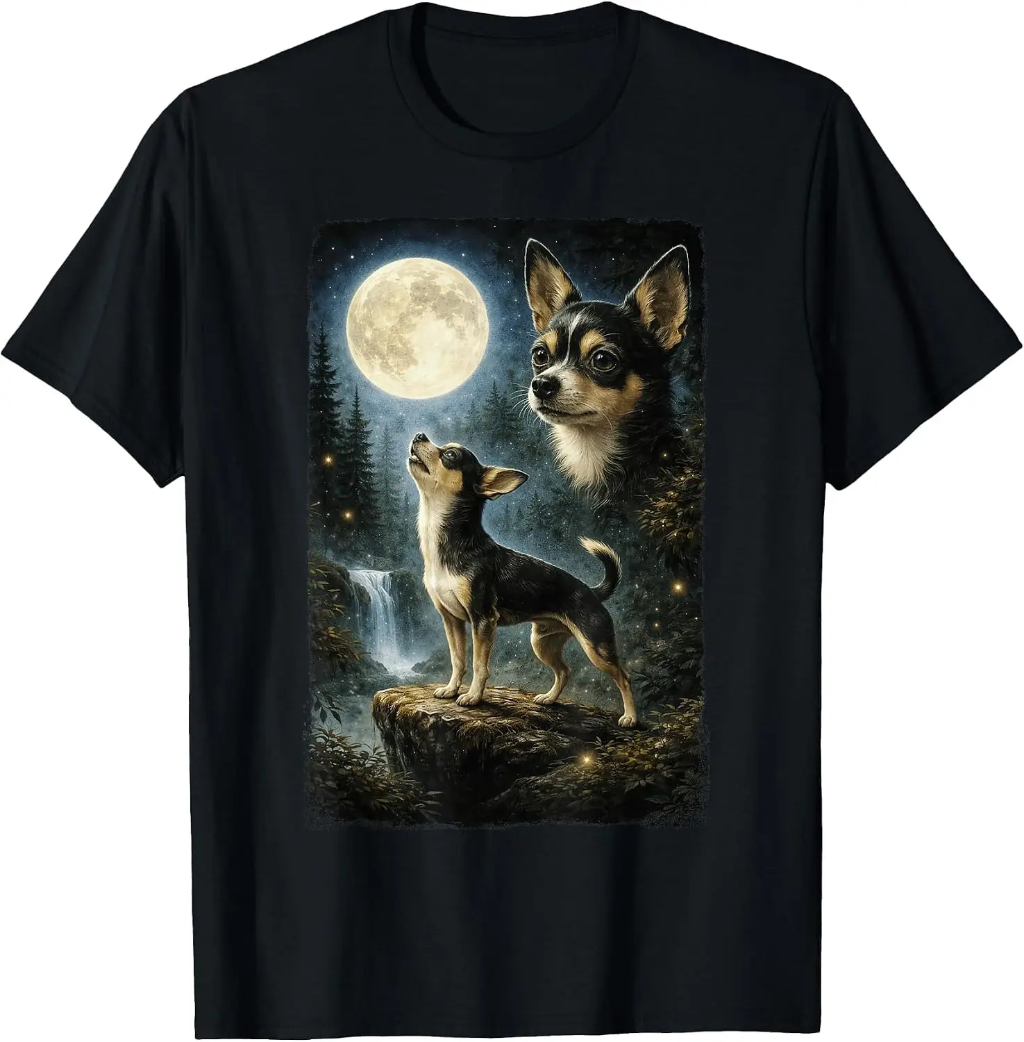 Funny Art Design Chihuahua Howling At The Moon T-Shirt Men Casual Graphic Print T-Shirt Crew Neck Short Sleeve Vintage Street Style Soft Fabric Daily Wear Tops. Holiday Festive, Party Wear, Theme Print Tee.