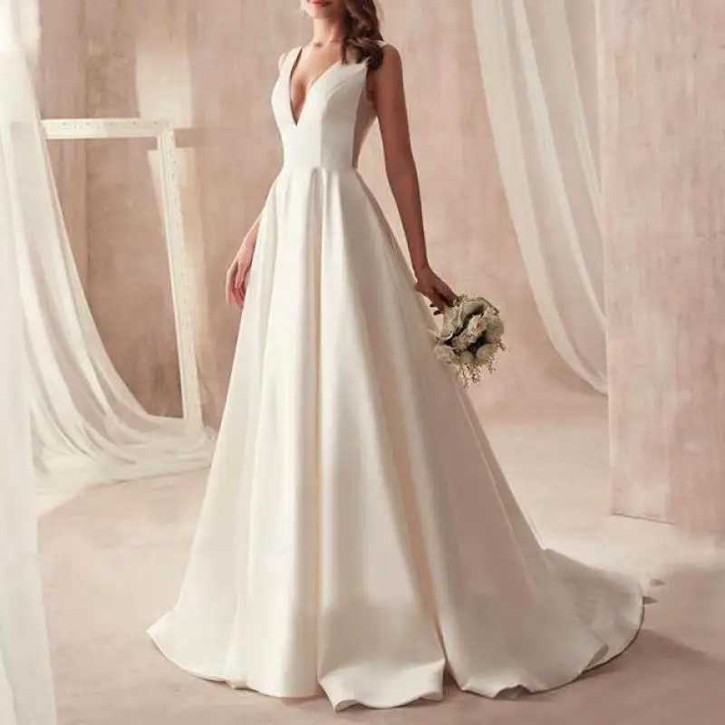 Vestido De novia con escote en V profundo y espalda descubierta para mujer, vestido De novia De satén con tren, Sexy vestido De novia, vestido De línea A Simple y elegante, nuevo