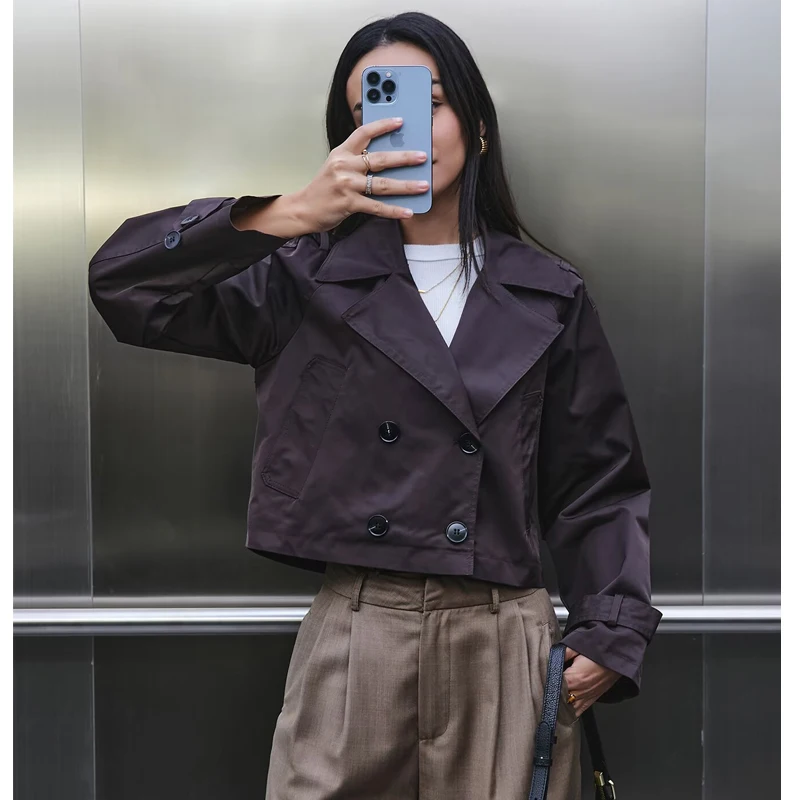 MUJER Double Breasted Trench Coat for Women Outdoor Coats Cropped Women's Windbreaker Short Trench Coats for Woman Outerwears