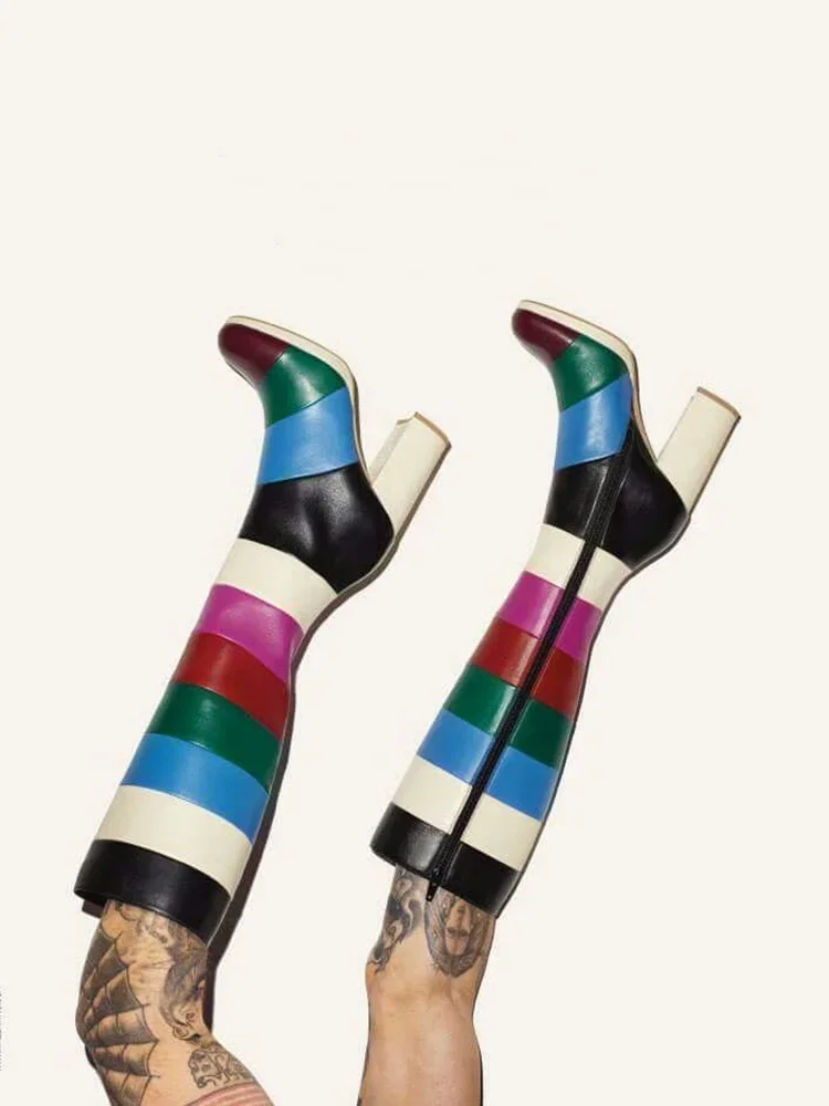 Block High Heel Knee High Boots Round Toe Zipper Mixed Color Fashion 2024 Winter Autumn Runway Dress Shoes Square High Heel