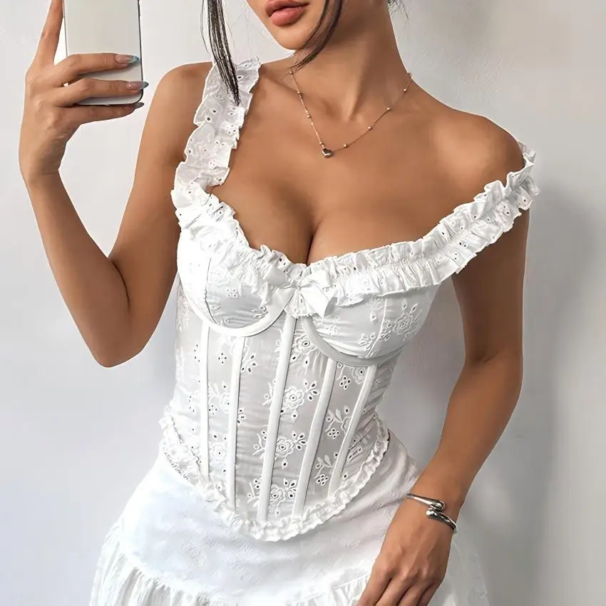 

2025 Woman Clothing Top Women T-shirt Tank Top Female Solid Color French Gentle Sweet Girl Style Fishbone Corset Tank Top