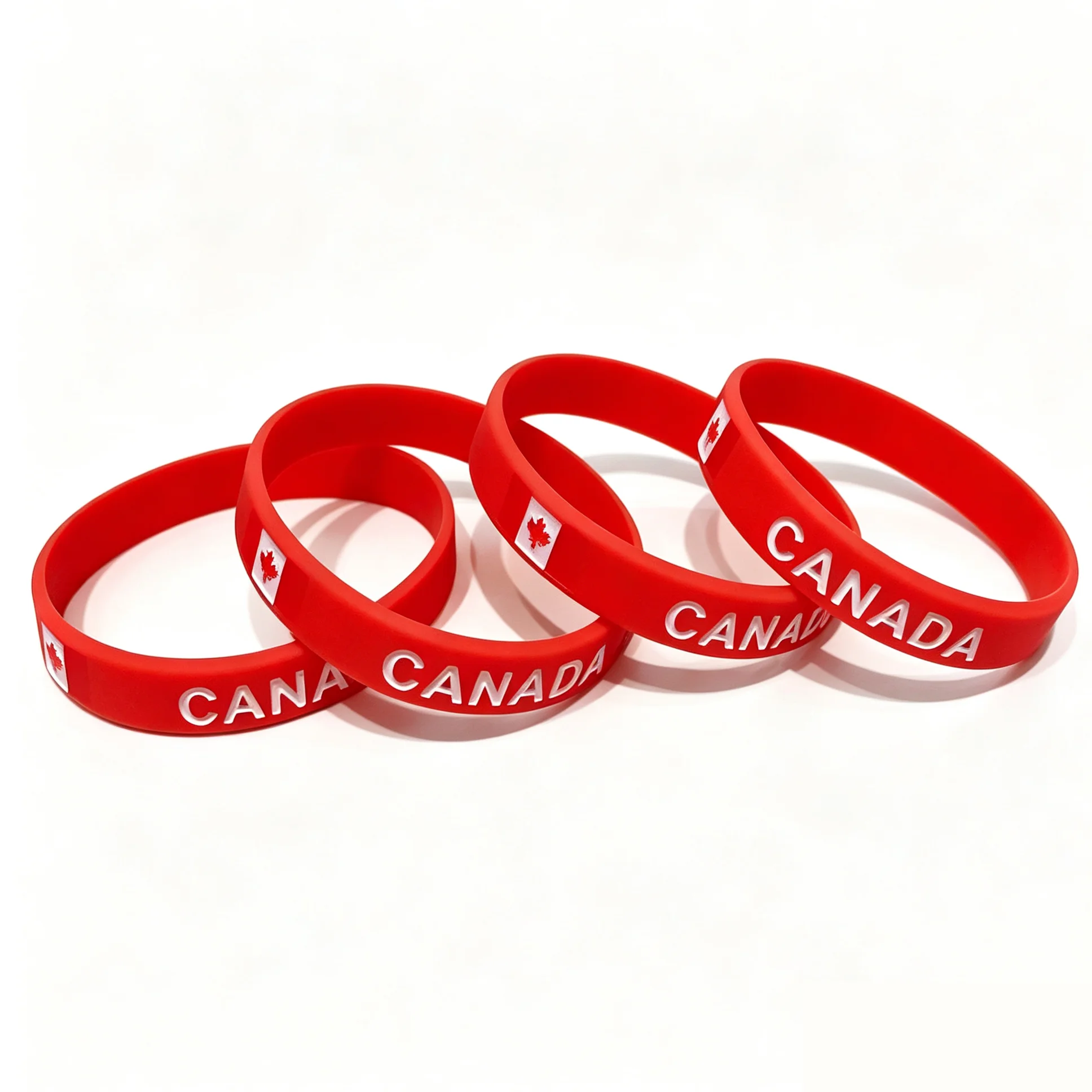 100pcs Canada Silicone Bracelets National Flag Debossed Wristband Stretch Rubber Fashionable Wristwear Sport Game Partty gift