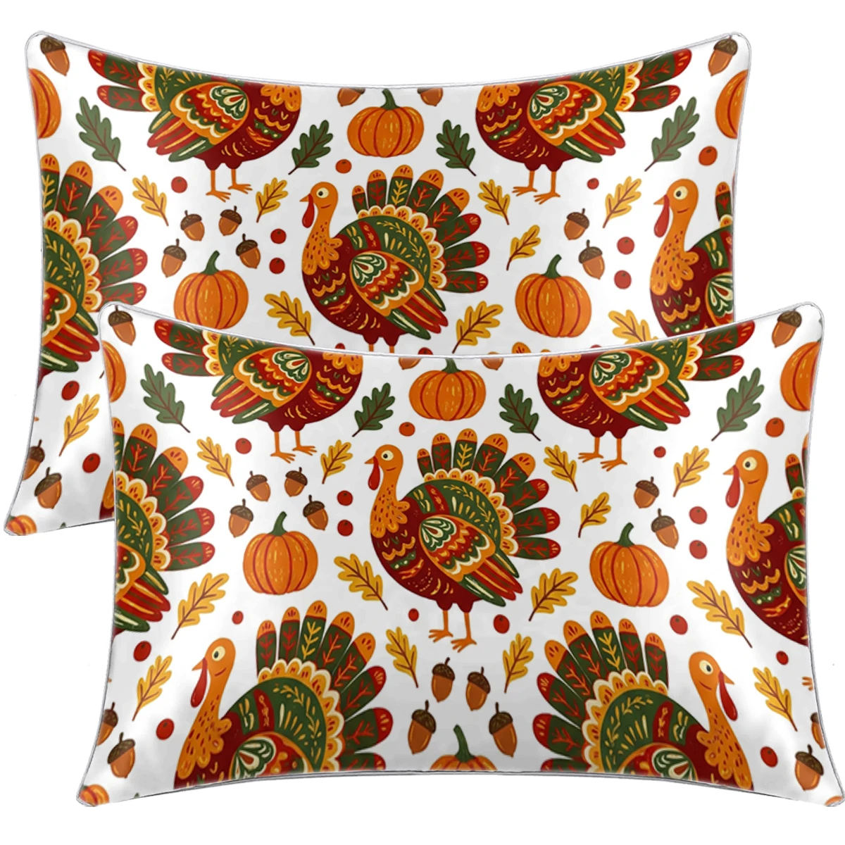 2PC Satin Pillowcase Silky Soft Thanksgiving Turkey Pumpkin Print Bedroom Sofa Fall Holiday Decor Envelope Cover For Hair Care