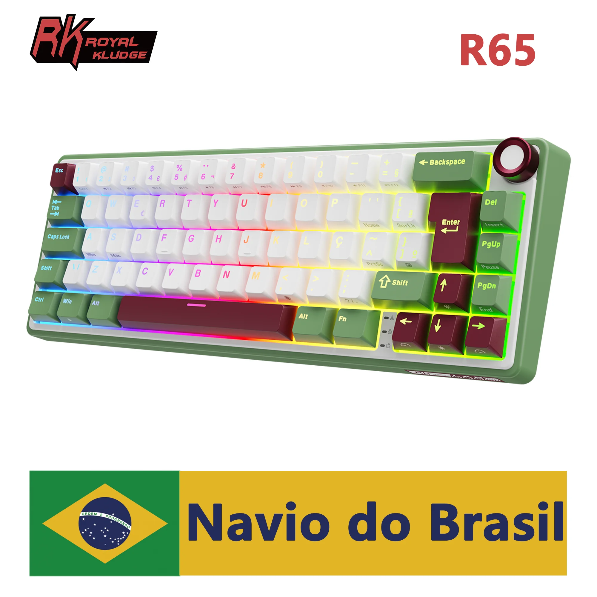 Teclado Mecânico com Fio R65 Português Brasileiro 65% com Keycaps PBT em Inglês, RGB, Gasket, para Gamers, com Botão de Volume, Royal Kludge