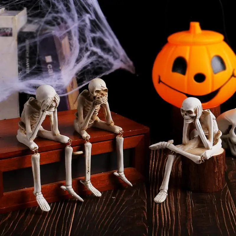 [S]3 Pcs Resin See Hear Speak No Skeleton Figurines With Dangling Legs For Halloween Decor