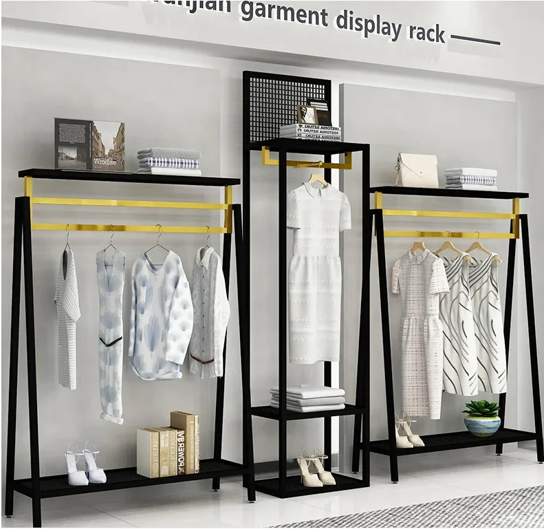 

Clothes store display shelf floor type shelf black gold combination of men's and women's clothing store display shelf