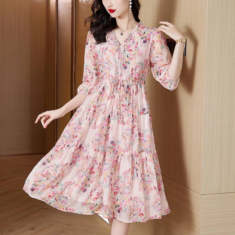 

2024 Fashion Holiday Flower Robe Loose Dress Women's Stand Long Sleeve Single Breasted Lace Up Floral Print Chiffon Vestidos