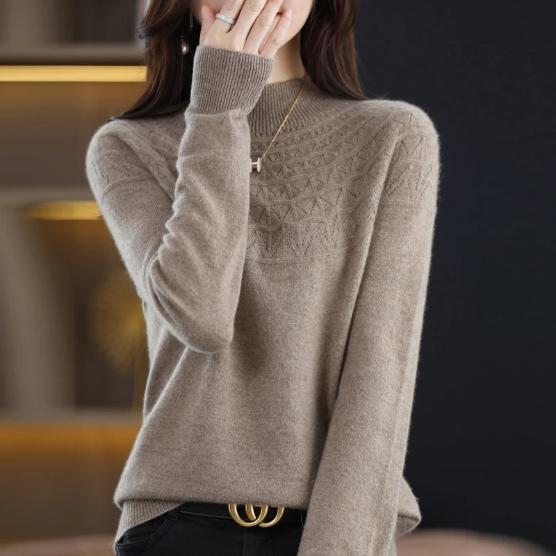 100% Wool Sweater Women Half High Collar Hollow Out Long Sleeve Top Autumn Winter Fashion Knit Female Warm Loose Pullover Jumper