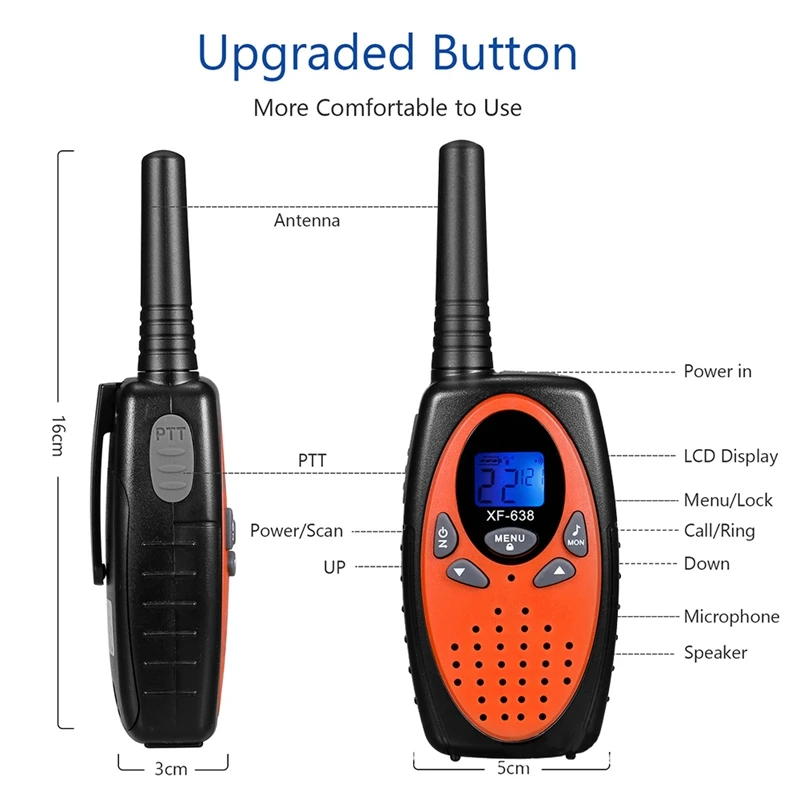 2 szt. Walkie-talkie XF638 dla dzieci, zabawki prezenty dla chłopców dziewczynek, 2 Radio 22CH VOX, do biwakowania wędrówki wewnątrz na zewnątrz