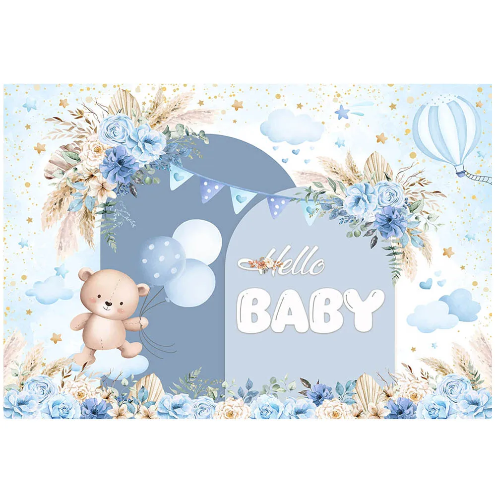 Mocsicka Bohemian Baby Shower fondale Bear Blue Flower Pampas Grass Hello Baby Boys Welcome Party Decor sfondo puntelli personalizzati