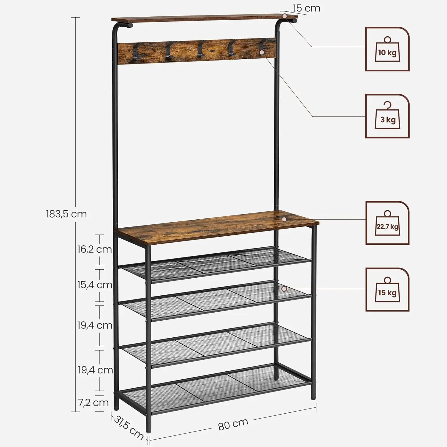 VASAGLE Garderobenständer Garderobe, Schuhregal mit 5 Ebenen, Sitzbank