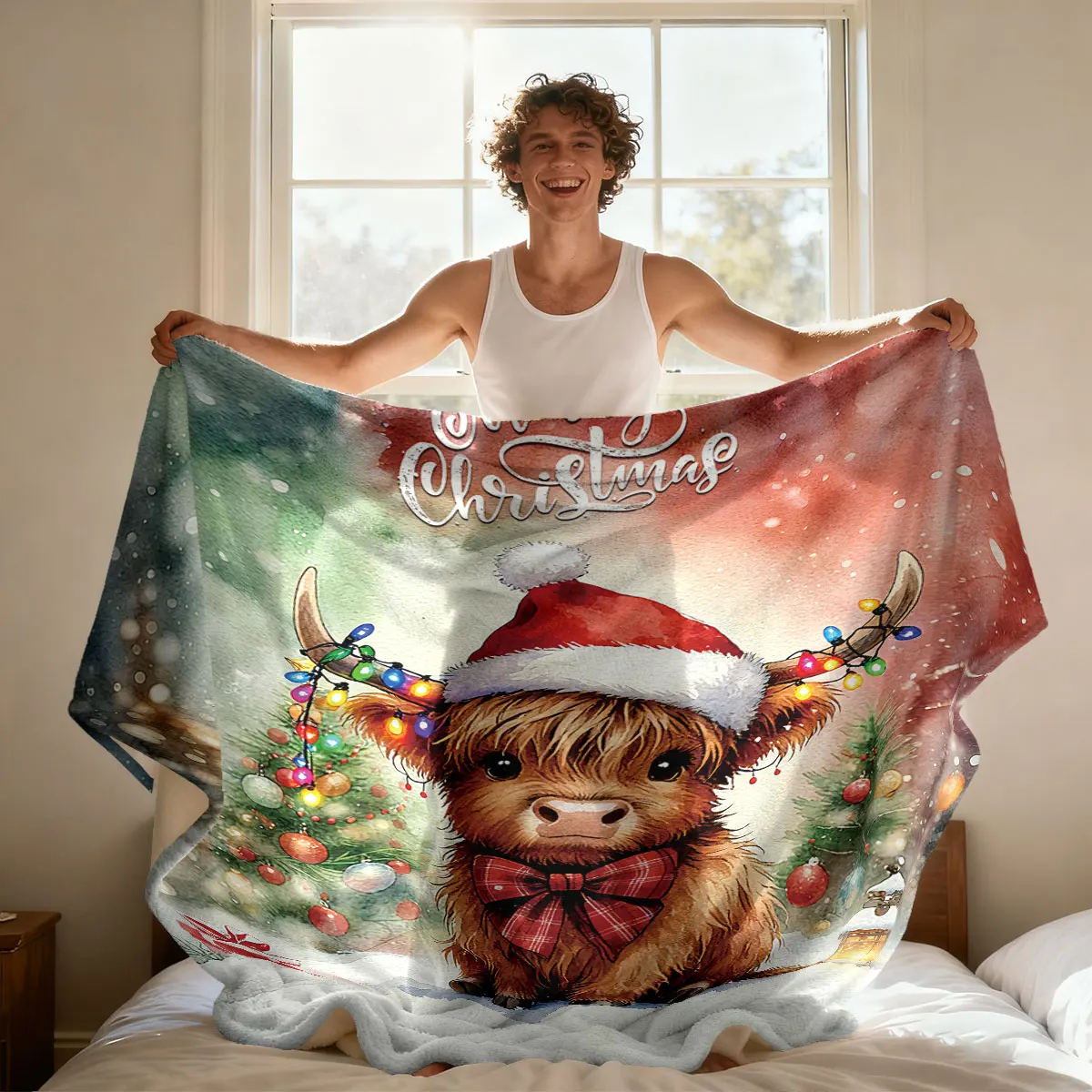 1 Flanelldecke mit „Merry Christmas Highland Cow“-Aufdruck, mehrere Größen, weich, bequem, Nickerchen, lässige Decke, maschinenwaschbar