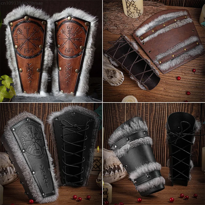 1Pcs Medieval Viking Knight Arm Gauntlets PU Leather Fur Armor Bracer Vambrace Knight Arm Guards Samurai Larp Bracers Cosplay