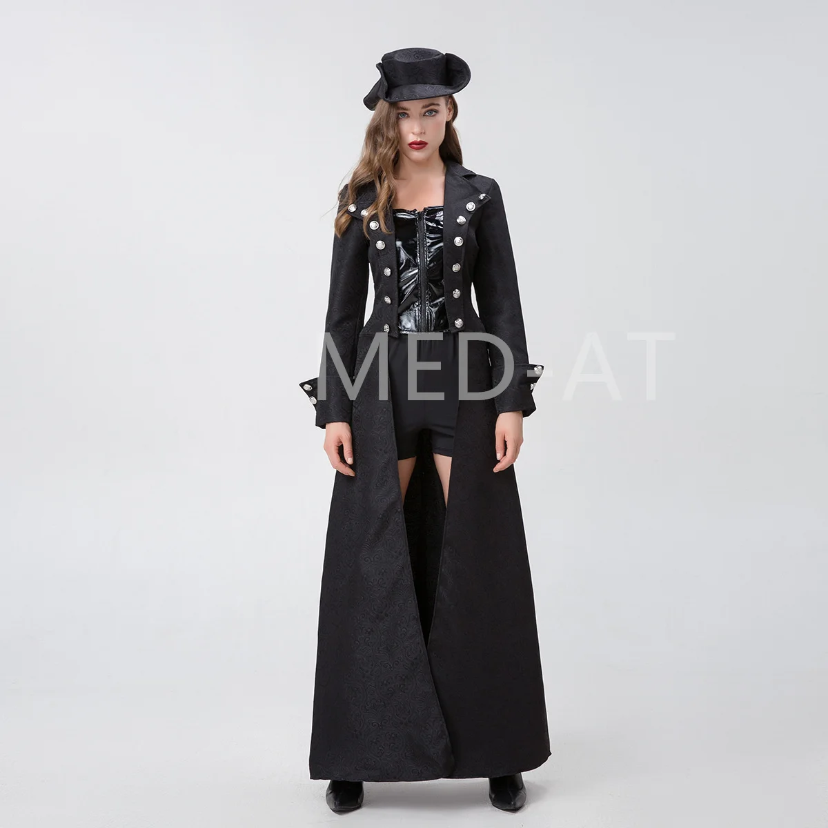 Steampunk Women Costume Set Black Double Breast Trench Coat Halloween Pirate Cosplay Medieval Ladies Swordsman Carnival Outfit