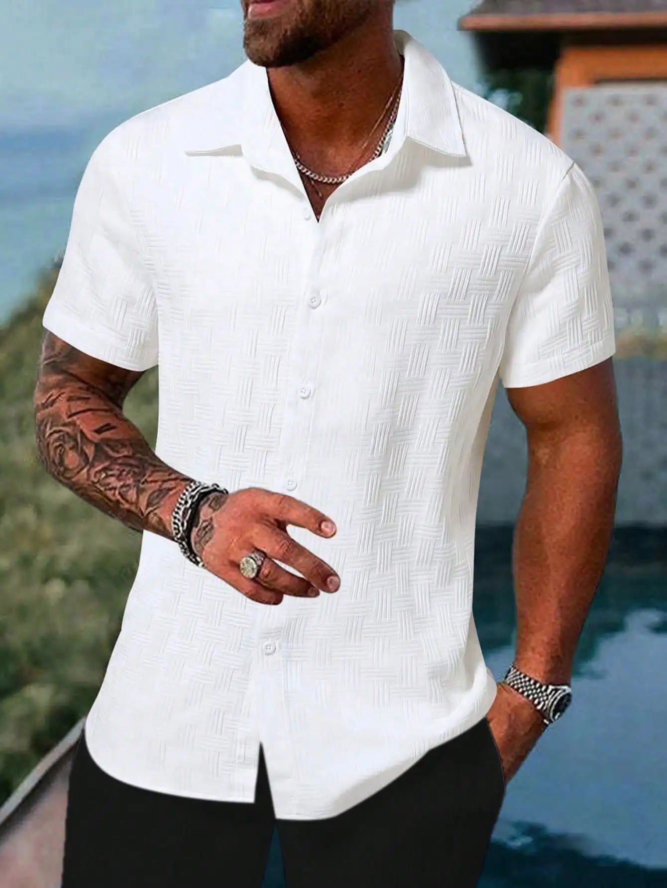 

Men's White Short Sleeve Woven Casual Shirt with Textured Pattern