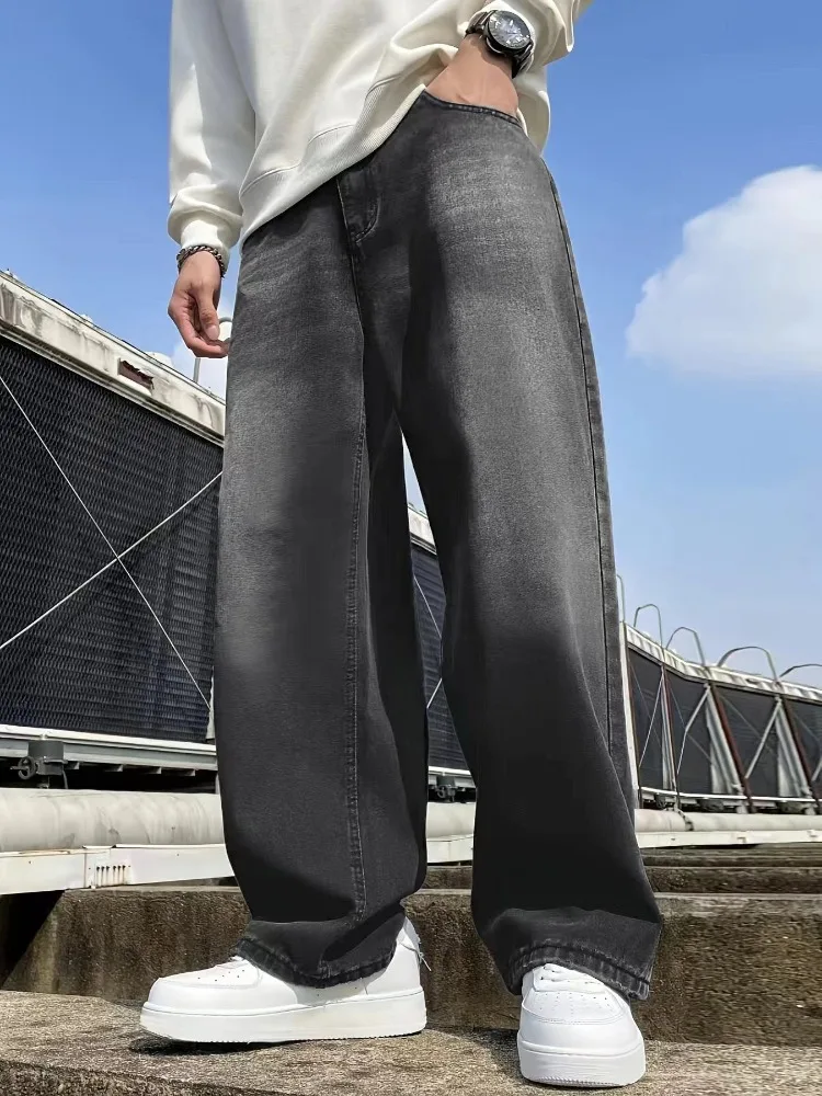 

Прямые джинсы с градиентом, мужские осенние модные черные, серые повседневные свободные брюки, персонализированные уличные мужские джинсовые брюки