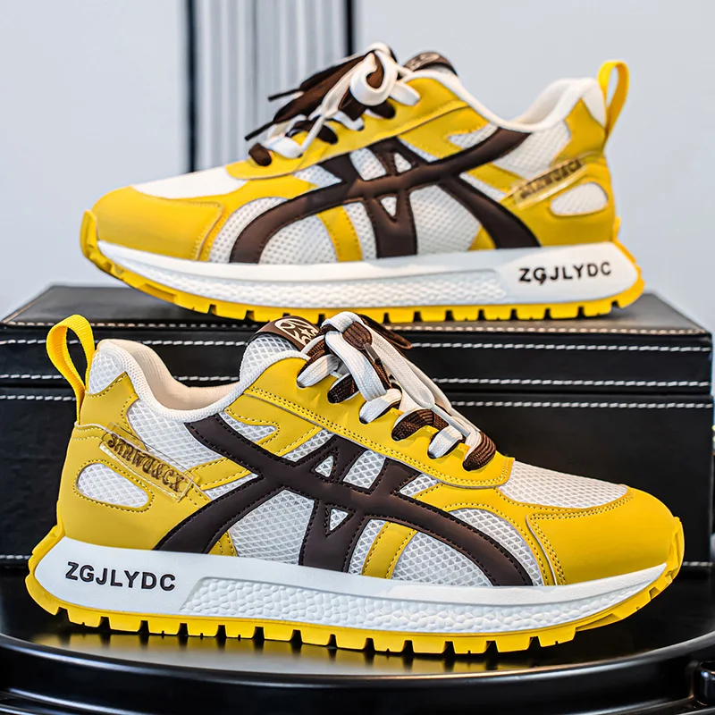 

Дешевые мужские летние желтые модные кроссовки, кроссовки с дышащей сеткой, мужская повседневная обувь, удобная уличная спортивная обувь на платформе для мужчин