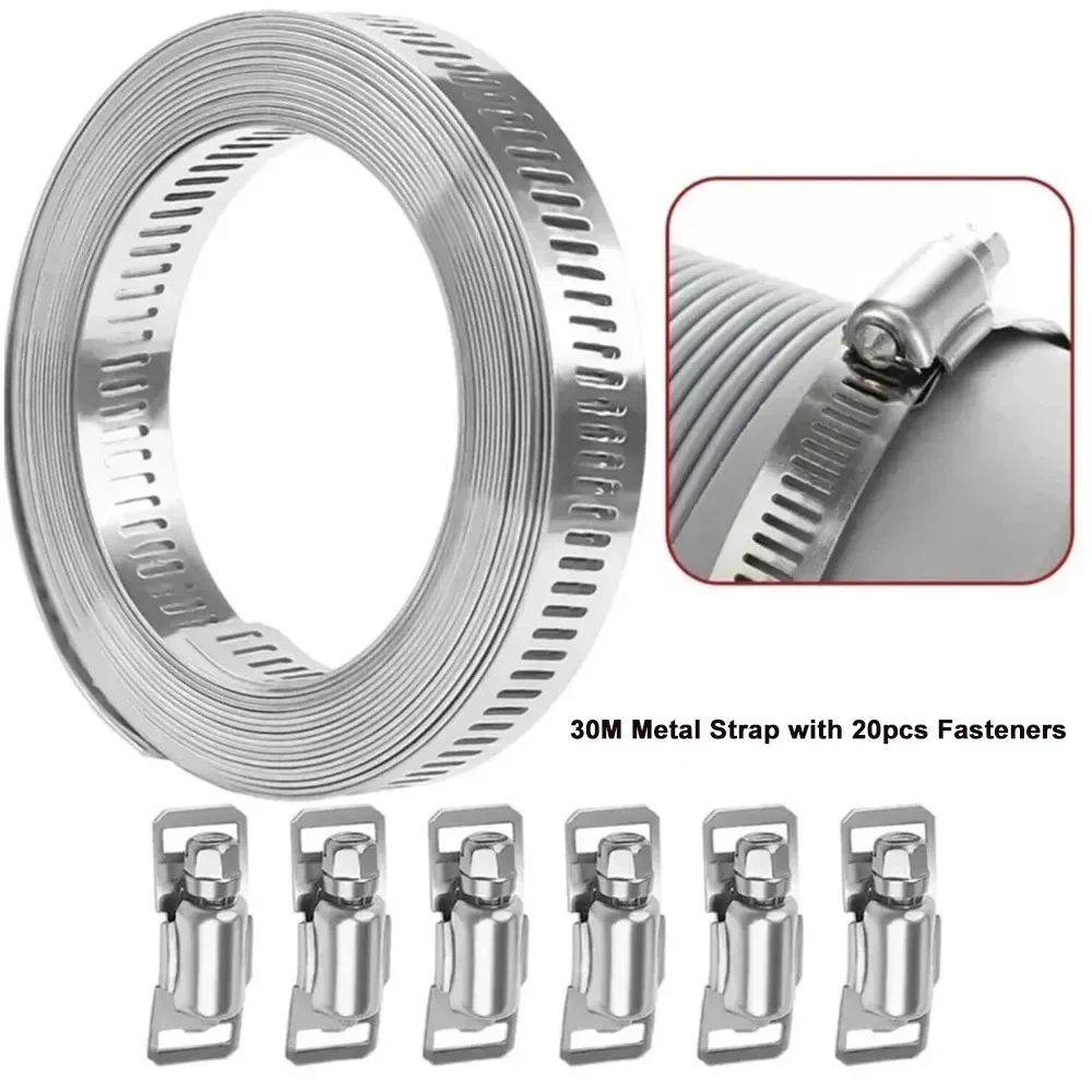 304 Stainless Steel Hose Clamp Assortment Kit DIY Cut-To-Fit 30M Metal Strap with 20 Stronger Fasteners Large Adjustable Worm