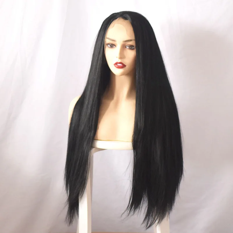 Perruque Lace Front Wig synthétique longue et lisse pour femmes, bonnet de perruque demi-attaché à la main