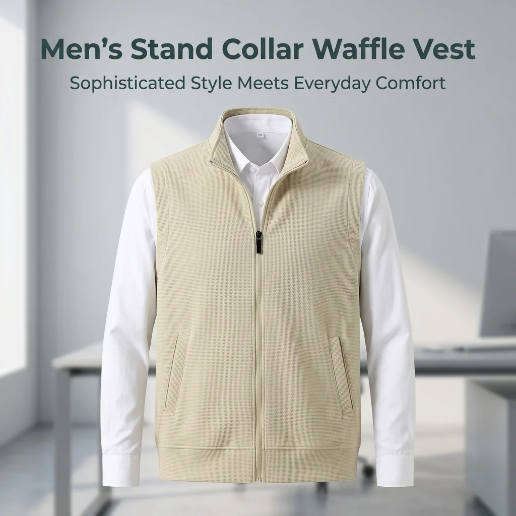 Custom Logo Print Embroidery Men Waffle Knit Vest Sleeveless Zip Up Stand Collar Jacket Business Casual Sleeveless Waistcoat