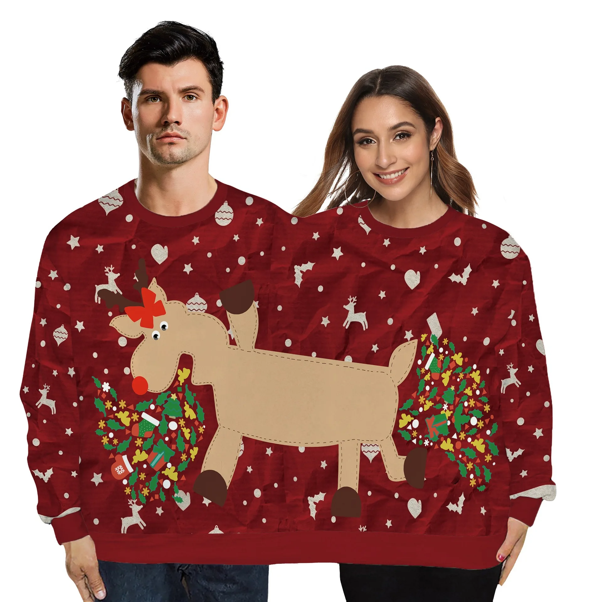 Double Christmas Sweater Holiday Spoof 3D Digital Printing Couples Two-piece Ugly Christmas Sweater Siamese Crew Autumn Winter