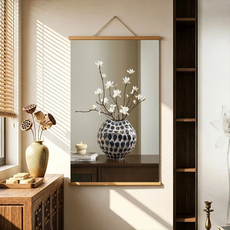 Wall Decorations Blue and White Vases with Airy Flowers, Oriental Botanical Pearlescent Canvas Wall Hanging Scroll for Entryway