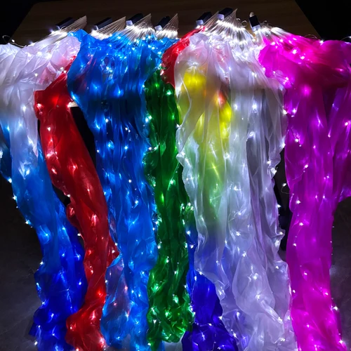 Imagen 2 del producto 1 par de abanicos LED para danza del vientre, mano izquierda y derecha, 150cm de longitud, abanicos de seda de Color degradado, accesorios de baile, accesorios para actuación en escenario