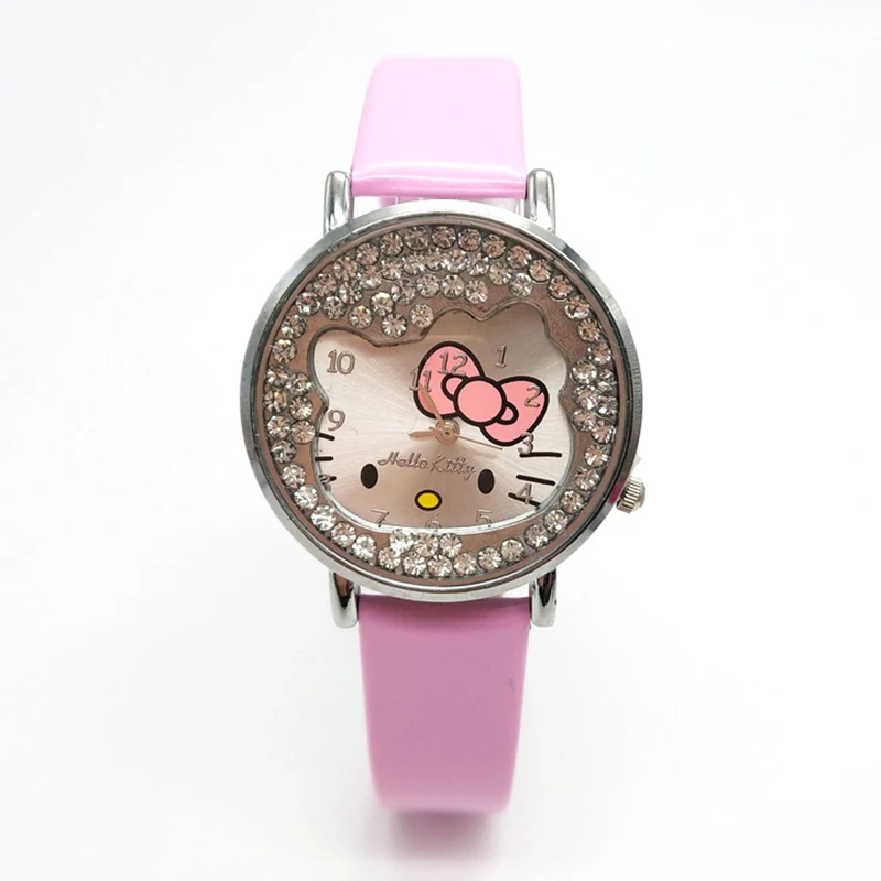 Miniso Anime Cartoon Sanrio Hello Kitty Diamond Round Quartz Girls Students Watch Fashion Kids Leather Belt Watch Birthday Gifts