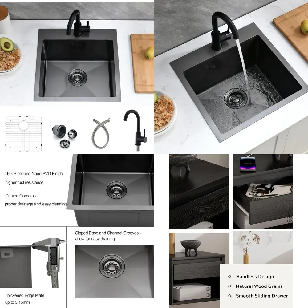 

Кухонная мойка с одним носком Topmount, черная нержавеющая сталь 18 x 18 x 10, калибр 16, маленькая барная раковина с краном