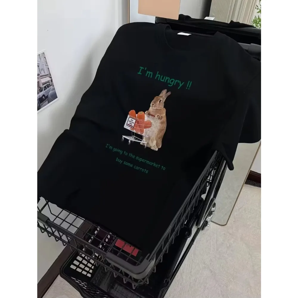 Funny Hungry Rabbit Shopping Cart Print T-Shirt Funny Cartoon Graphic Crew Neck Short Sleeve Casual Summer Top for Daily Wear