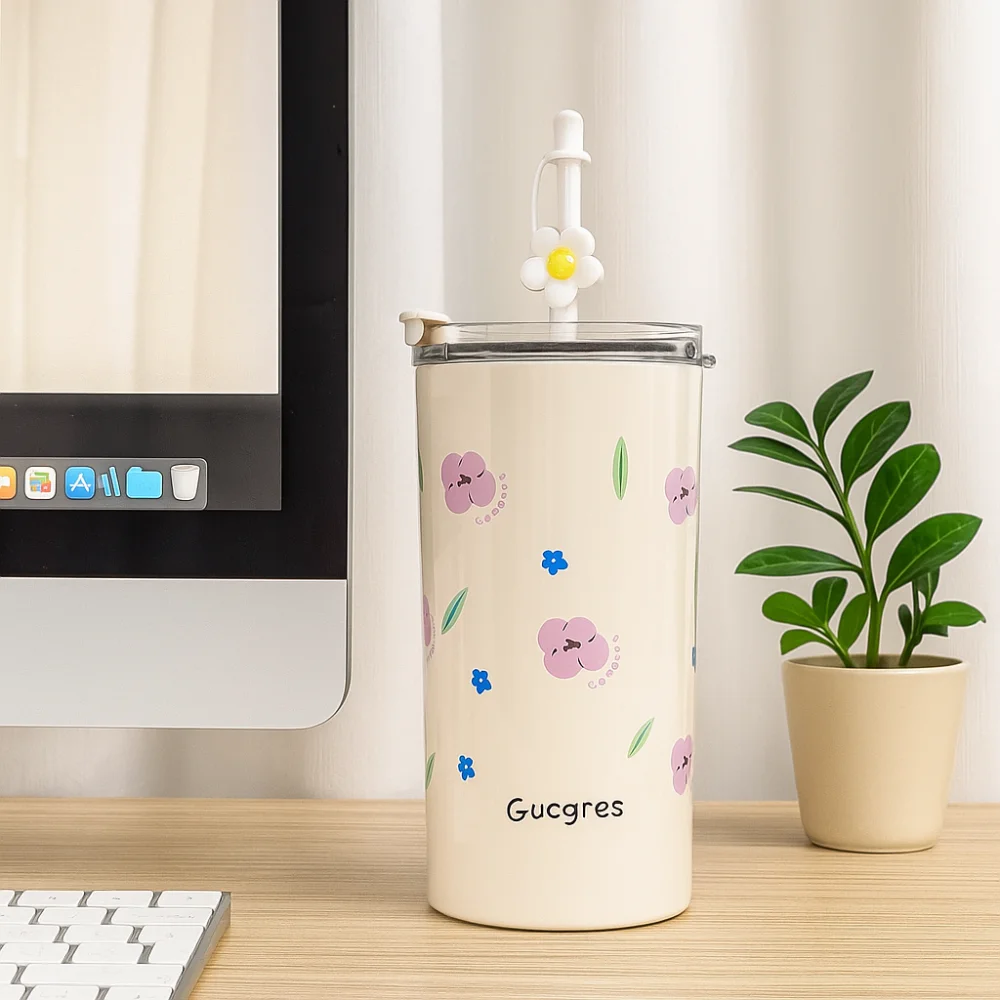 

Portable 480ml Double Drinking Thermos Leak-Proof Stainless Steel Coffee Cups with Lid with Straw Water Bottle Office