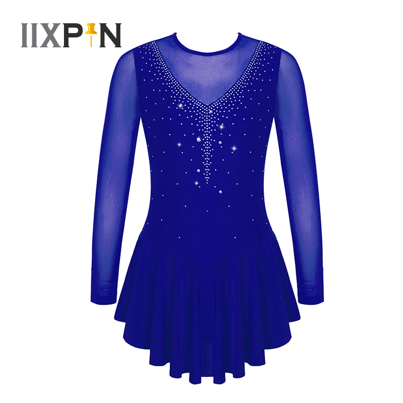 

Kids Girls Long Sleeve Mesh Patchwork Style Ballet Dance Leotard Dress Figure Ice Skating Dress Performance Costume Ballet Dress