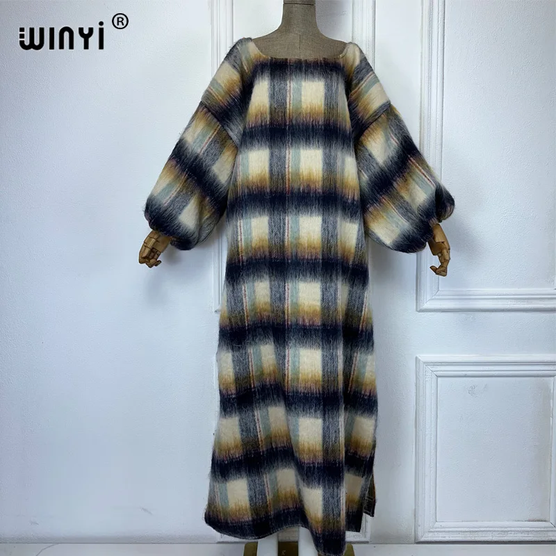 WINYI Winter puff sleeve plaid print long down dress holiday kaftan party dress African Women  Elegant Caftan abaya dubai luxury