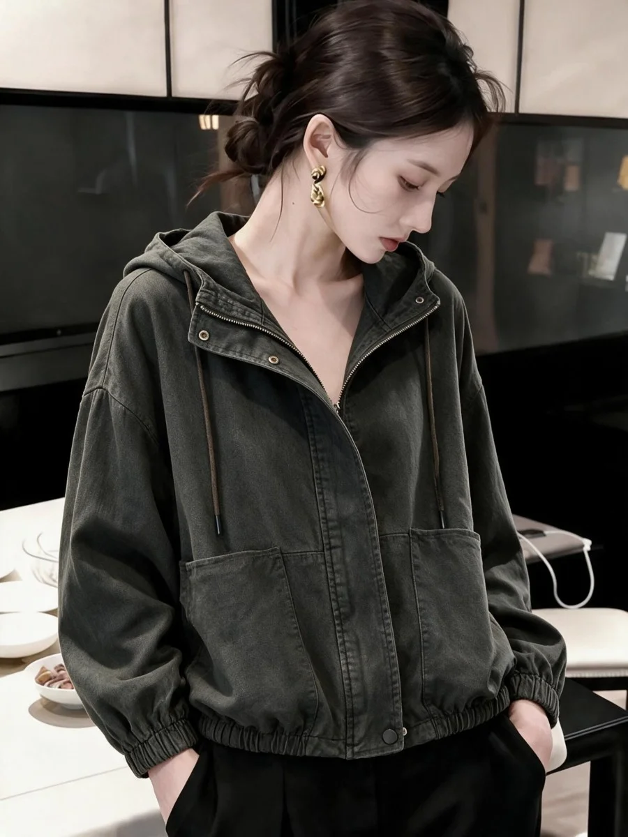 Retro Washed Hooded Jacket Women's Design Spring New Loose Fit Short Outerwear Cotton Commute Style Zipper Decorated Long Sleeve
