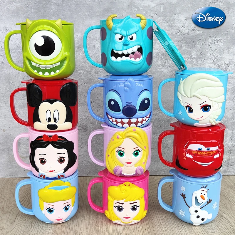 Copo infantil Disney com tampa, caneca de leite, Elsa congelada, desenhos animados 3D, copo escovador de boca, copo de água potável, mickey, ponto,