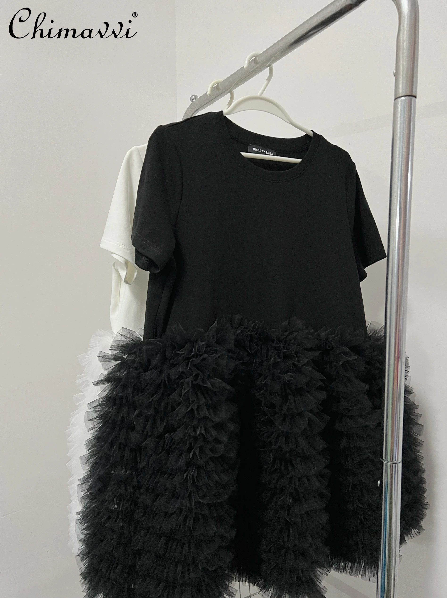 Zoete Super Fee Prinses Losse T-shirt Jurk Zomer Nieuwe High-end Mode Ronde Hals Elegante Partij Leuke Gelaagde Geplooide Jurk