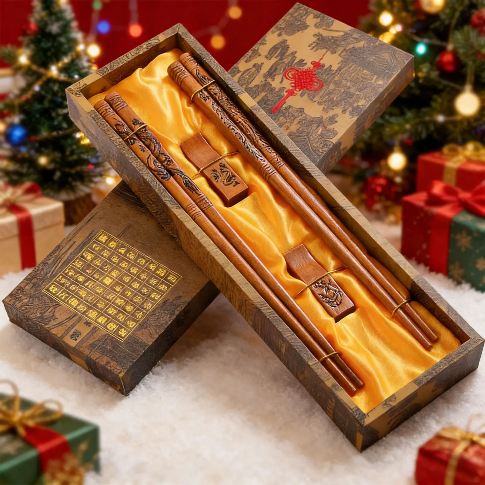 Juego de palillos de madera tallados a mano con diseño de dragón y fénix - 2 pares de palillos reutilizables de 9 pulgadas con caja y soporte, elegante regalo asiático
