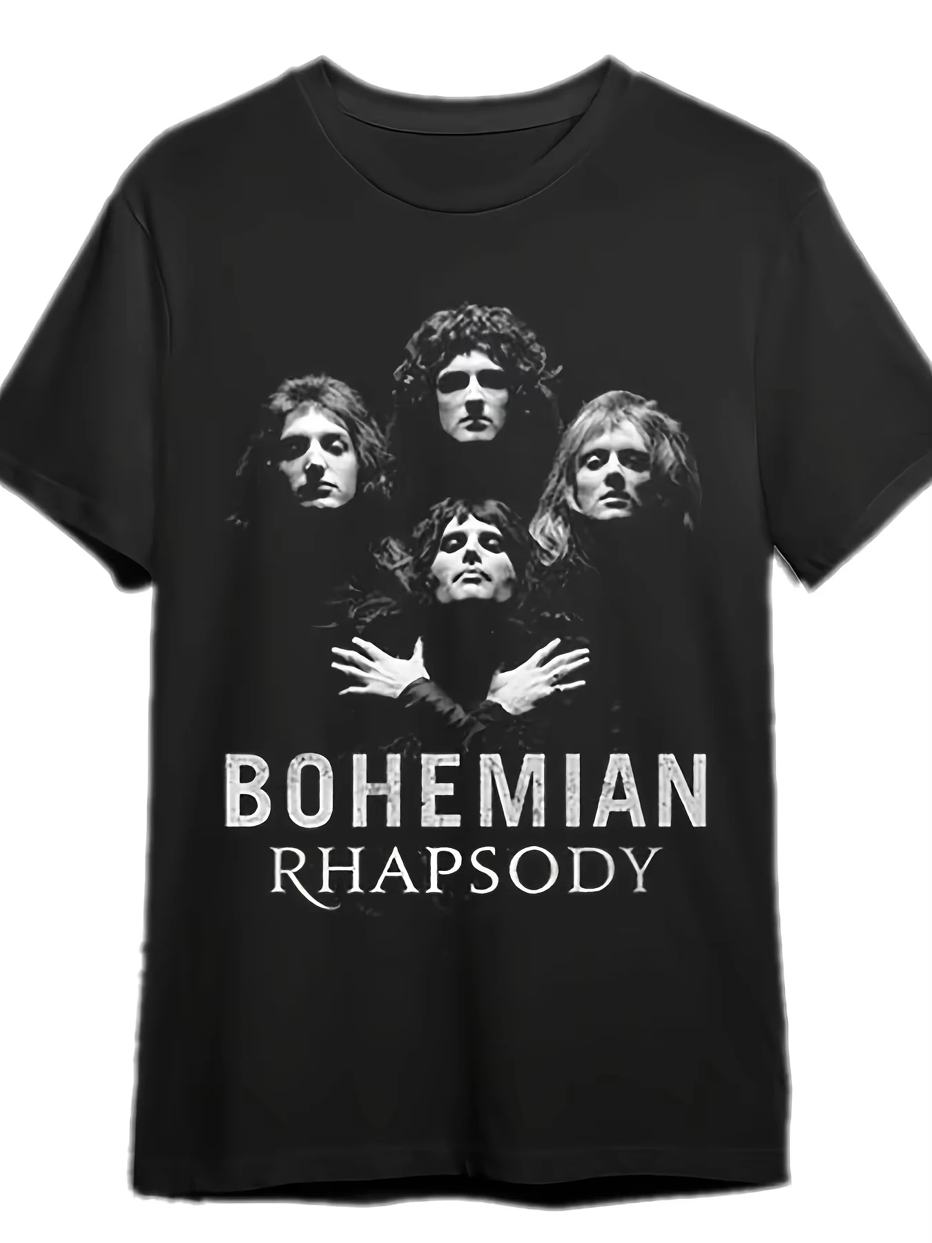 Sommerliches Herren-T-Shirt in Schwarz mit kurzem Arm, Bohemian Rhapsody Band-Porträtdruck, lässiger Rundhalsausschnitt, atmungsaktives Rock-Musik-T-Shirt. – Detail 3