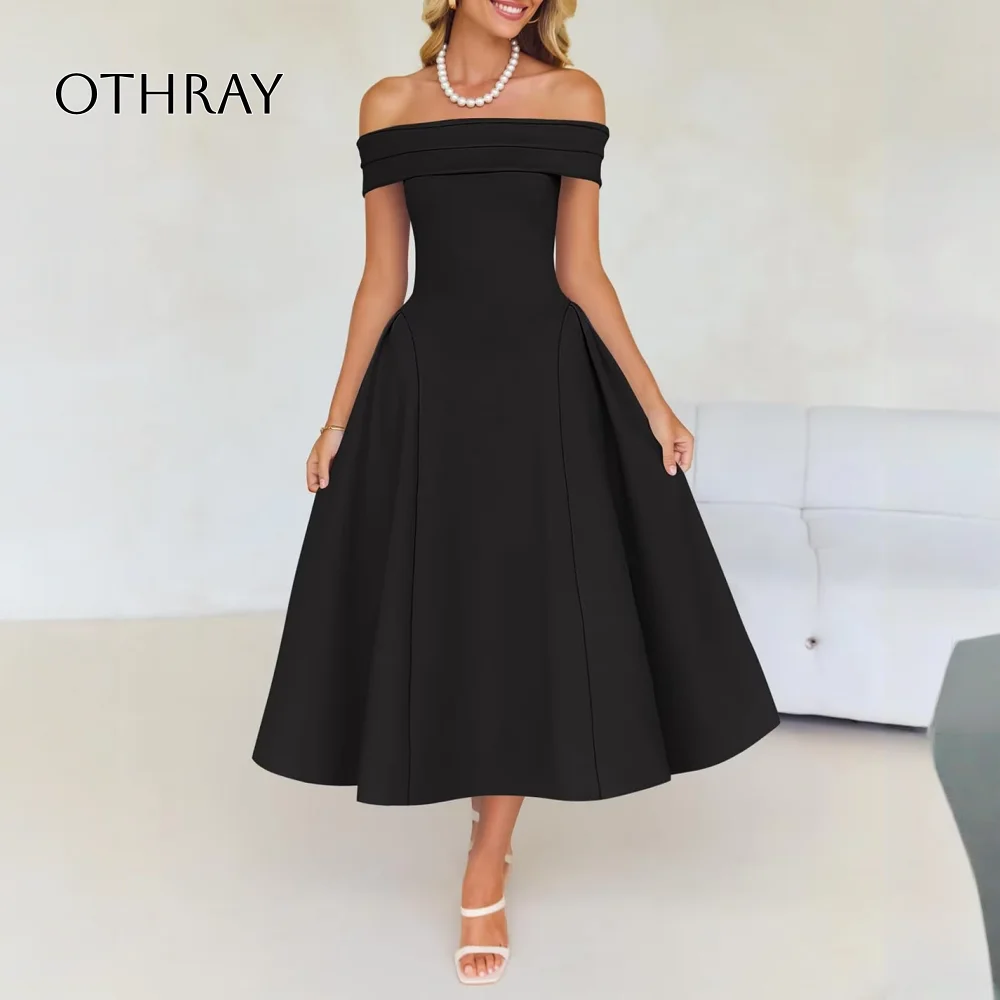 

Коктейльные платья для женщин, элегантное платье миди с открытыми плечами и короткими рукавами, трапециевидное свадебное вечернее платье миди