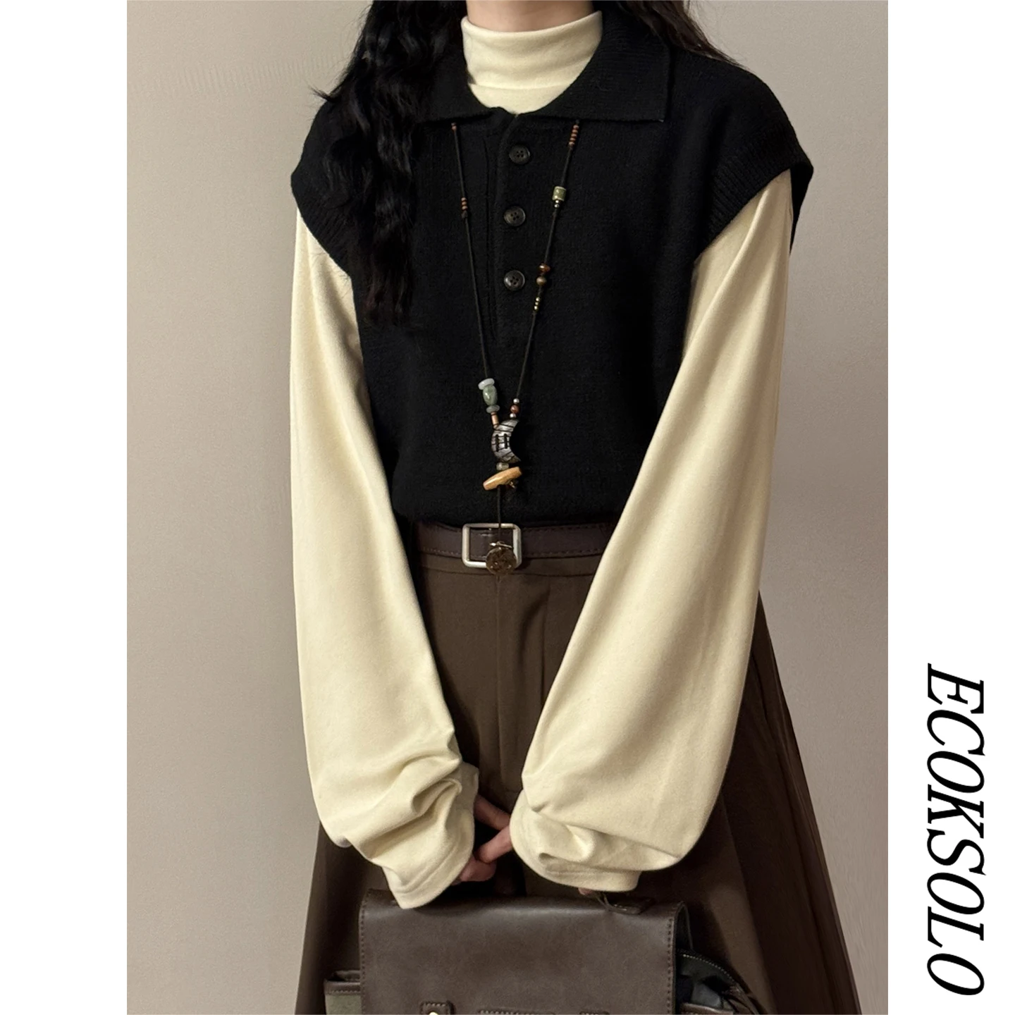 Warm Knitted Vest Autumn Winter Style Collared Layering Sleeveless Vintage Money Heifer Backless Tank Top Women's Fashion
