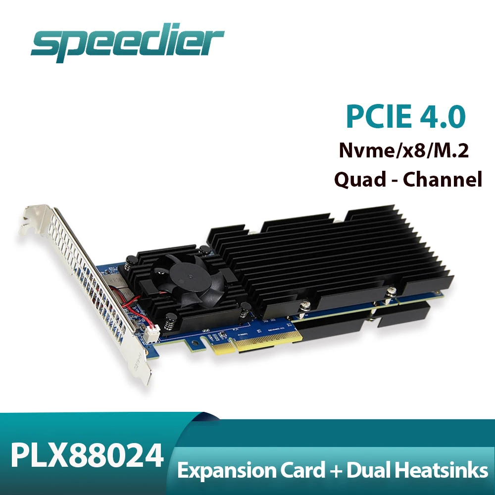 

PCIE 4.0 To NVMe X8 Plx88024 Quad-channel Expansion Card Non-Splitting for M.2 Drives with Brackets Riser Dual Heatsinks
