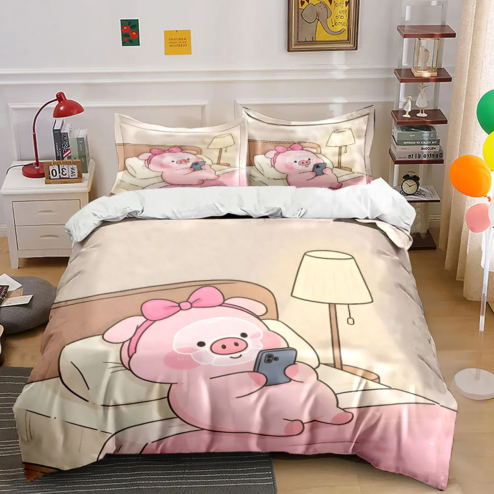 Cute pink pig is looking at its phone in bed Print Bedding Set 1 Duvet Cover 2 Pillowcases for Adult and Children Luxury Gift