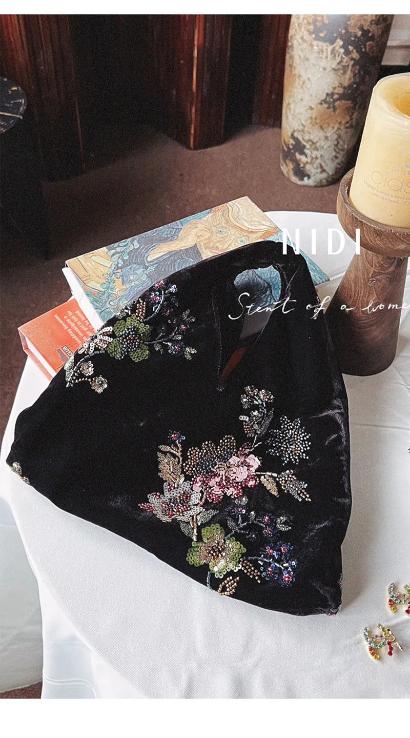 Fashion Velvet Sequin Embroidered Handmade Bag Velvet Crossbody Bag Women Design Sense Atmosphere Match Handbag Tote Bag