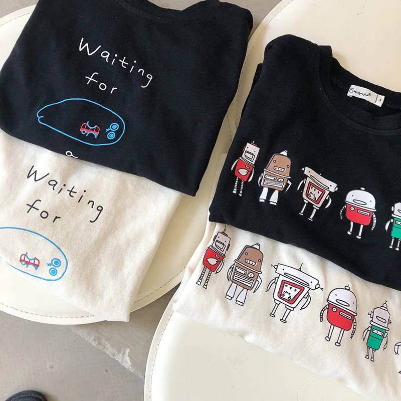 Kids T-shirts 2026 Autumn Long Sleeve Children's Robot Printed Bottom Boys Girls Blouse Cotton Toddler Tees Baby Outfits 1-8T