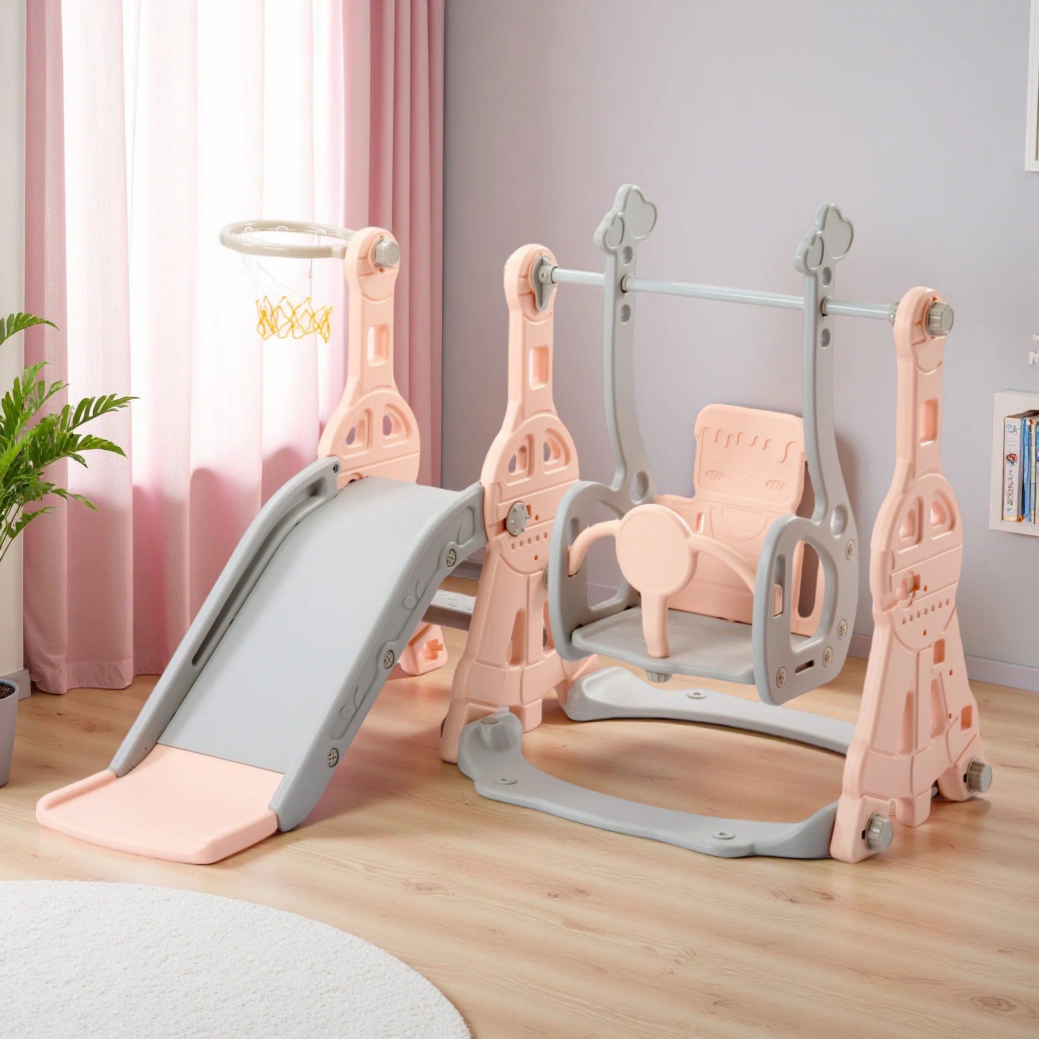 Corrediça infantil, corrediça interna e externa 4 em 1, playground infantil com cesta de basquete, prateleira e balanço, para crianças, rosa, azul