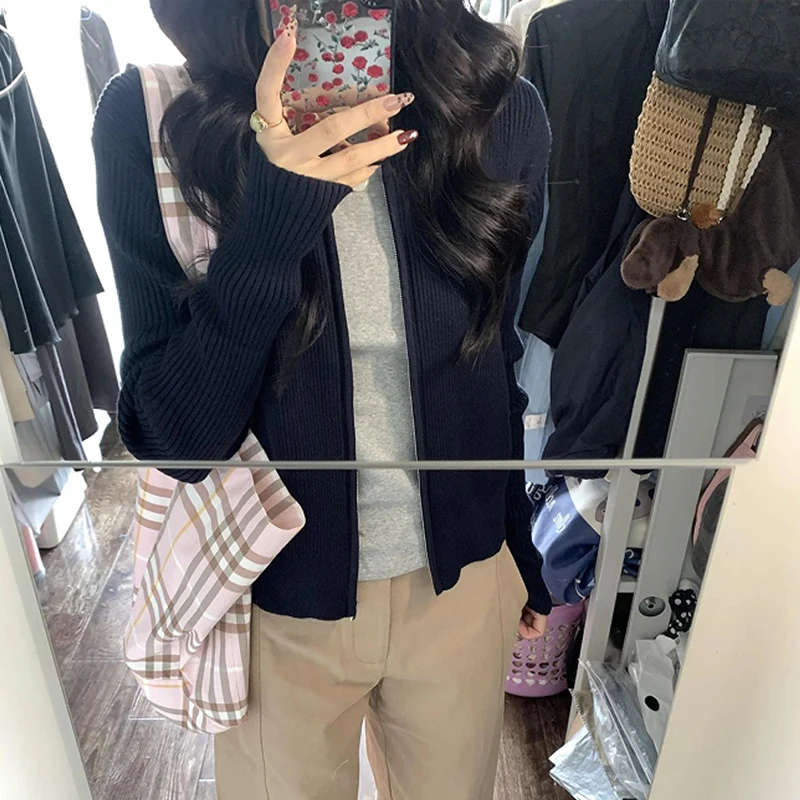 الرجعية الأمريكية حار فتاة Sle ort Sve محبوك سترة مفتوحة المرأة أوائل الخريف بسيطة Aosphere سستة سترة صغيرة