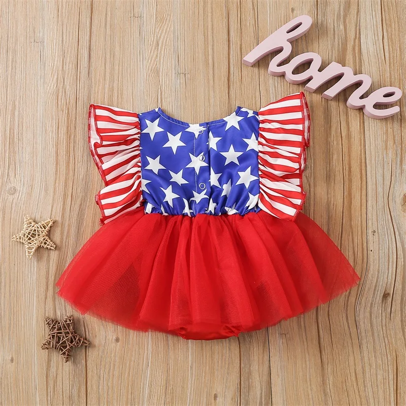 

Fourth of July Toddler Girls Romper Baby American Flag Print Round Neck Flutter Sleeve Mesh Skirt Jumpsuit with Stars and