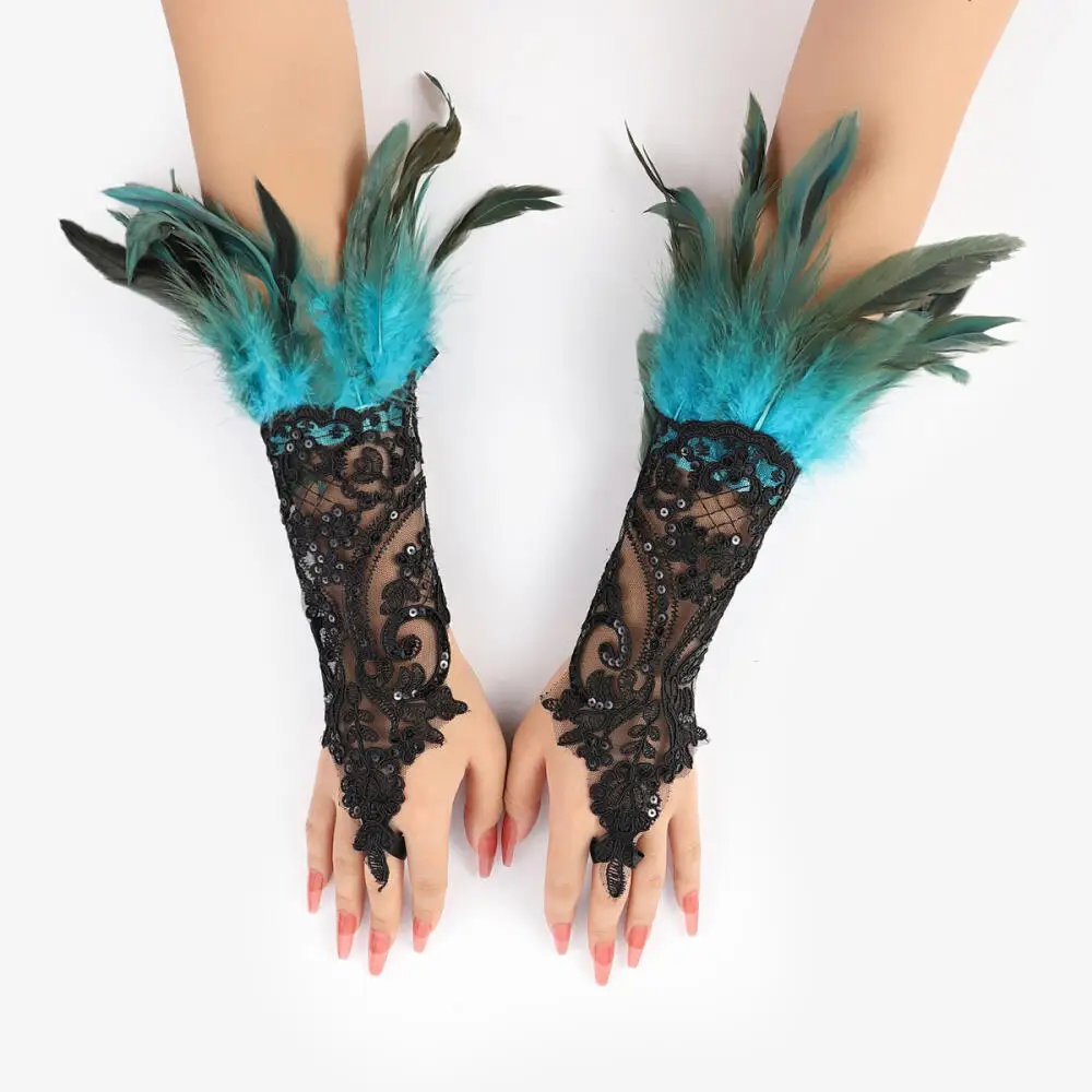 Guantes de dedo con gancho de plumas para Halloween, bola de fiesta, pulsera de encaje negro, accesorios de manga, guantes de protección solar para conducir y ciclismo