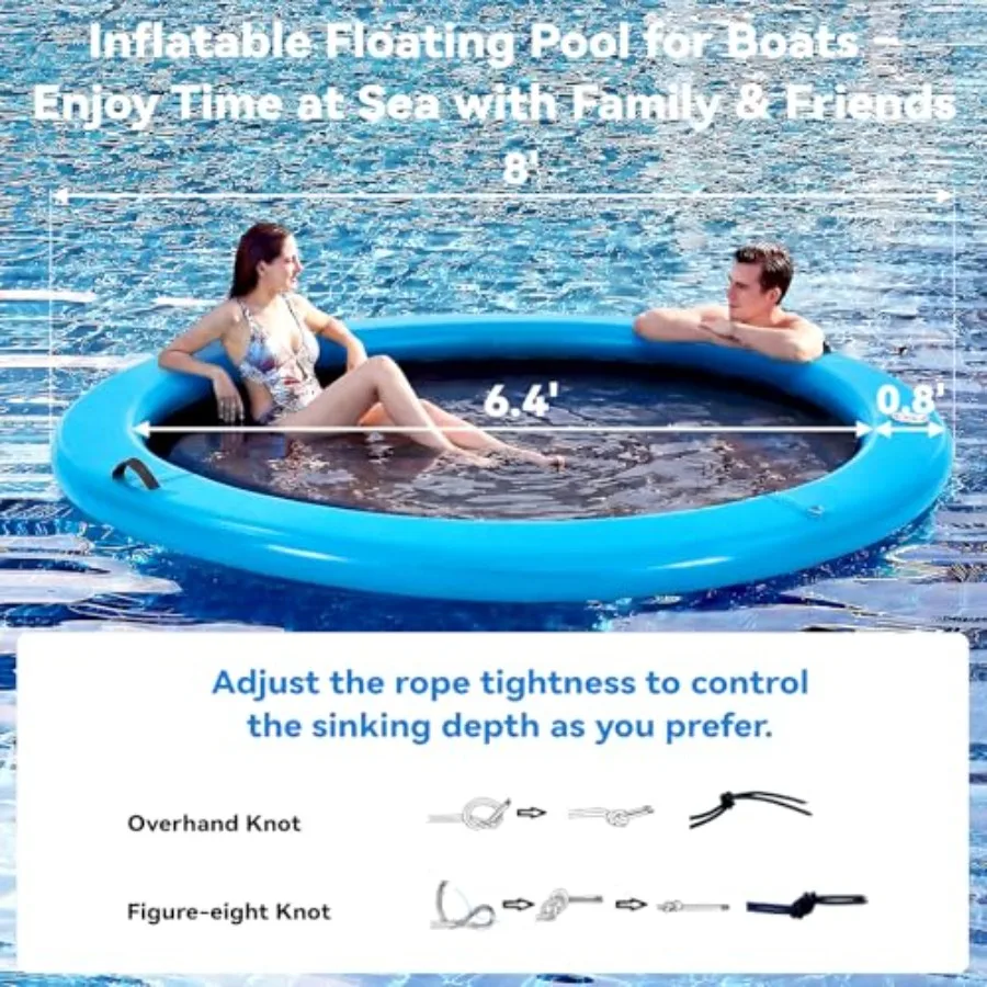 6-12FT Round Inflatable Floating Dock for lakes/oceans, woven fabric, navy blue, quick inflate/deflate with manual pump, suppor